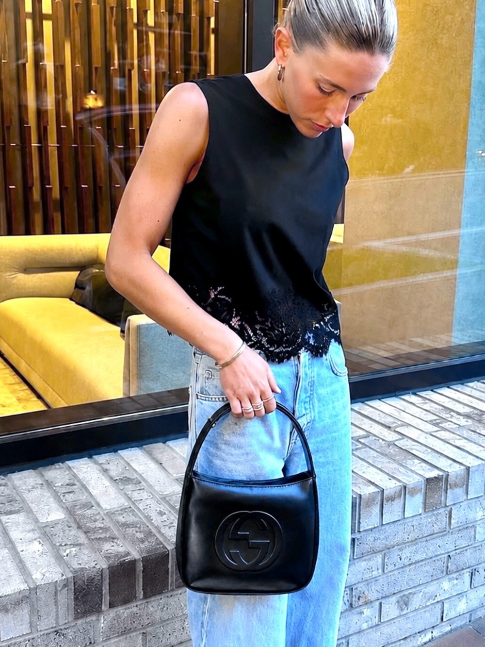 Gucci Black Leather Interlocking GG Hobo Snap Closure Canvas Shoulder Bag